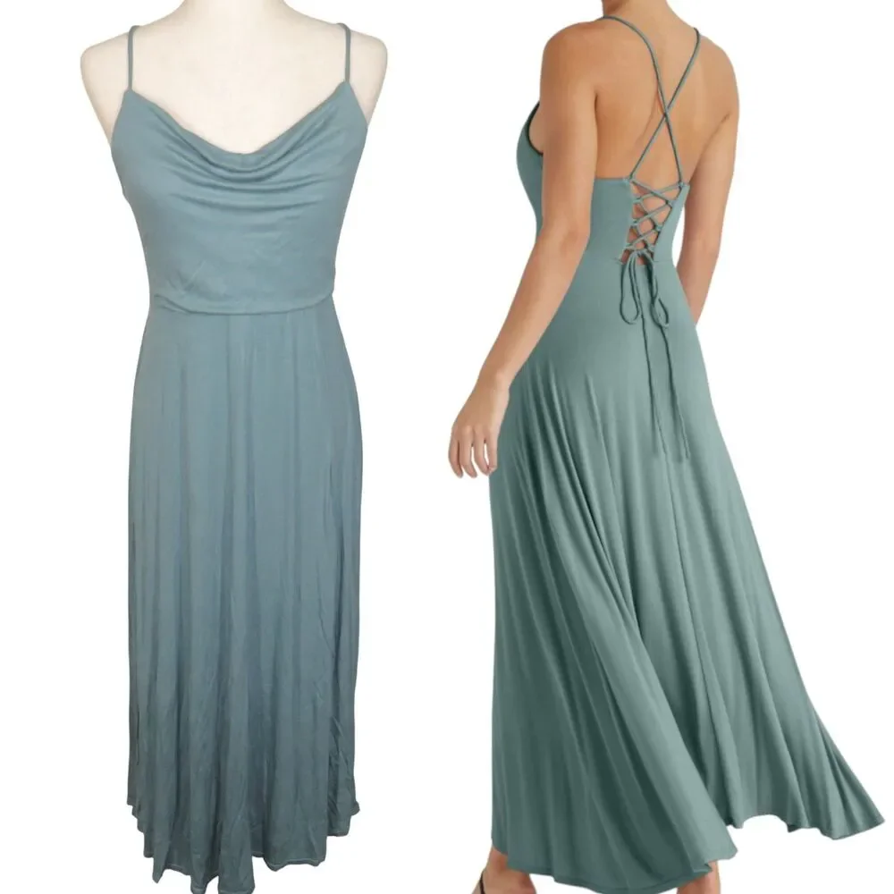 Halara Soft Stretchy Draped Neck Open Back Lace Up Padded Maxi Dress Size Medium - Picture 1 of 15